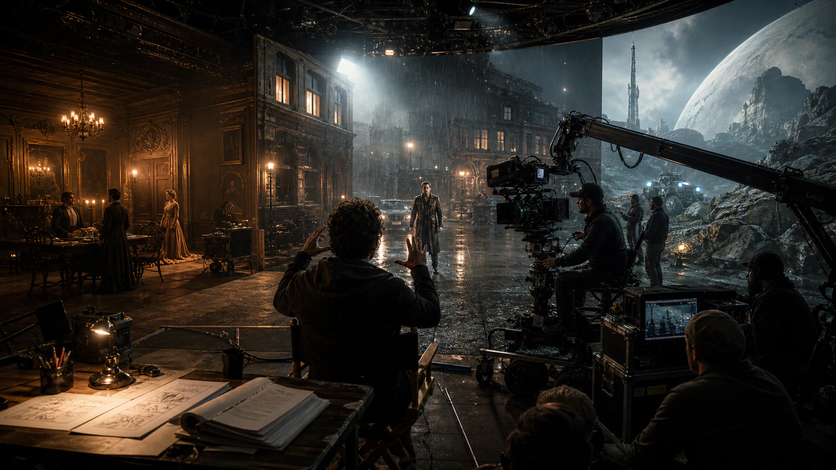 A cinematic film production world with actors, sets and a virtual director