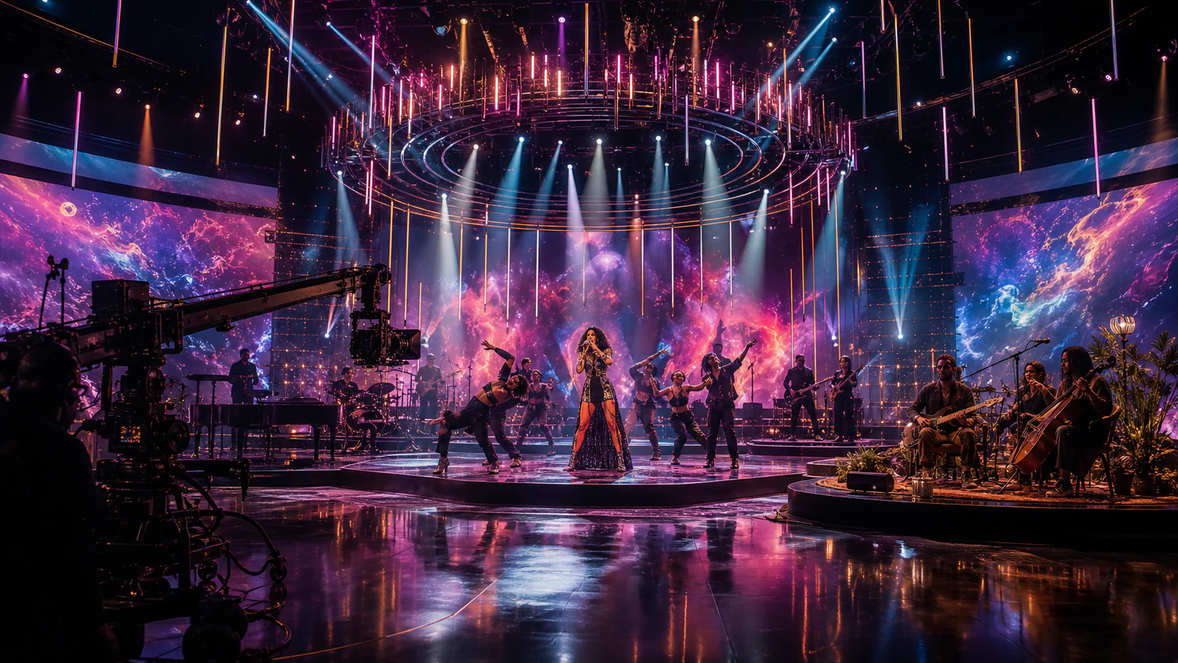 A cinematic live music performance with dancers, lighting and cameras
