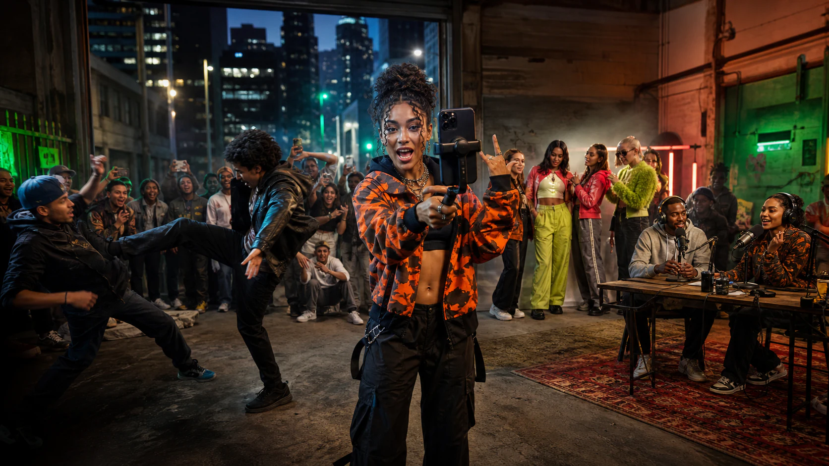 Creators producing energetic vertical social videos in real environments